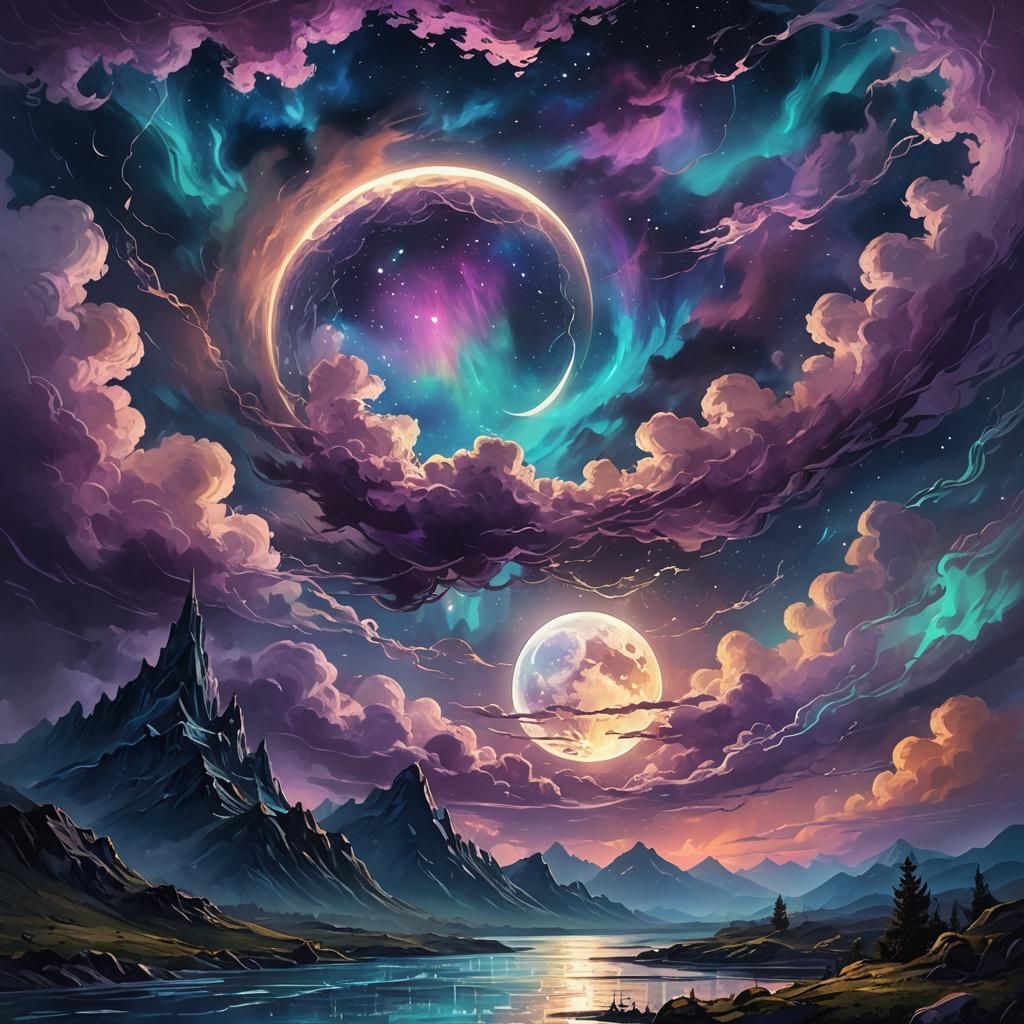 Glass Moon in Mystical Stormy Night Sky