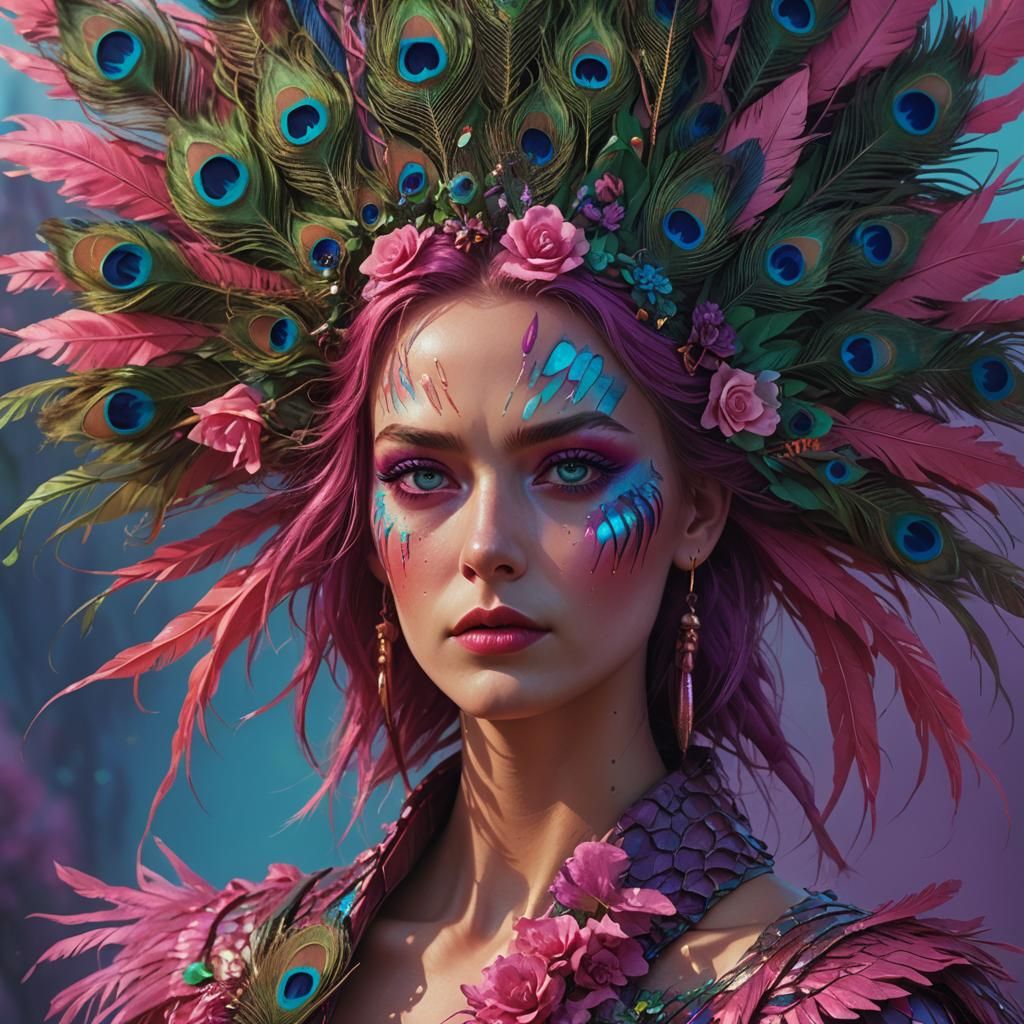 Stunning Woman with Rainbow Skin and Peacock Feathers