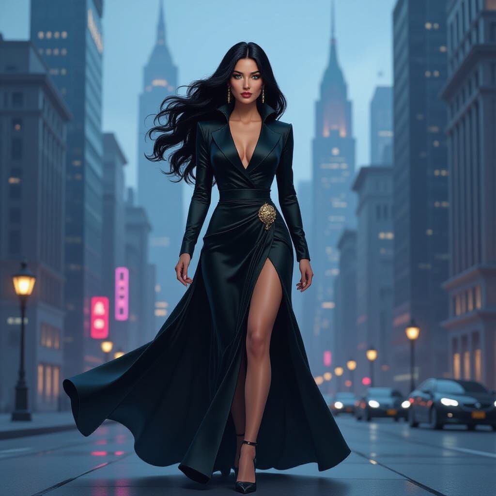 Futuristic Businesswoman in Art Deco Cityscape