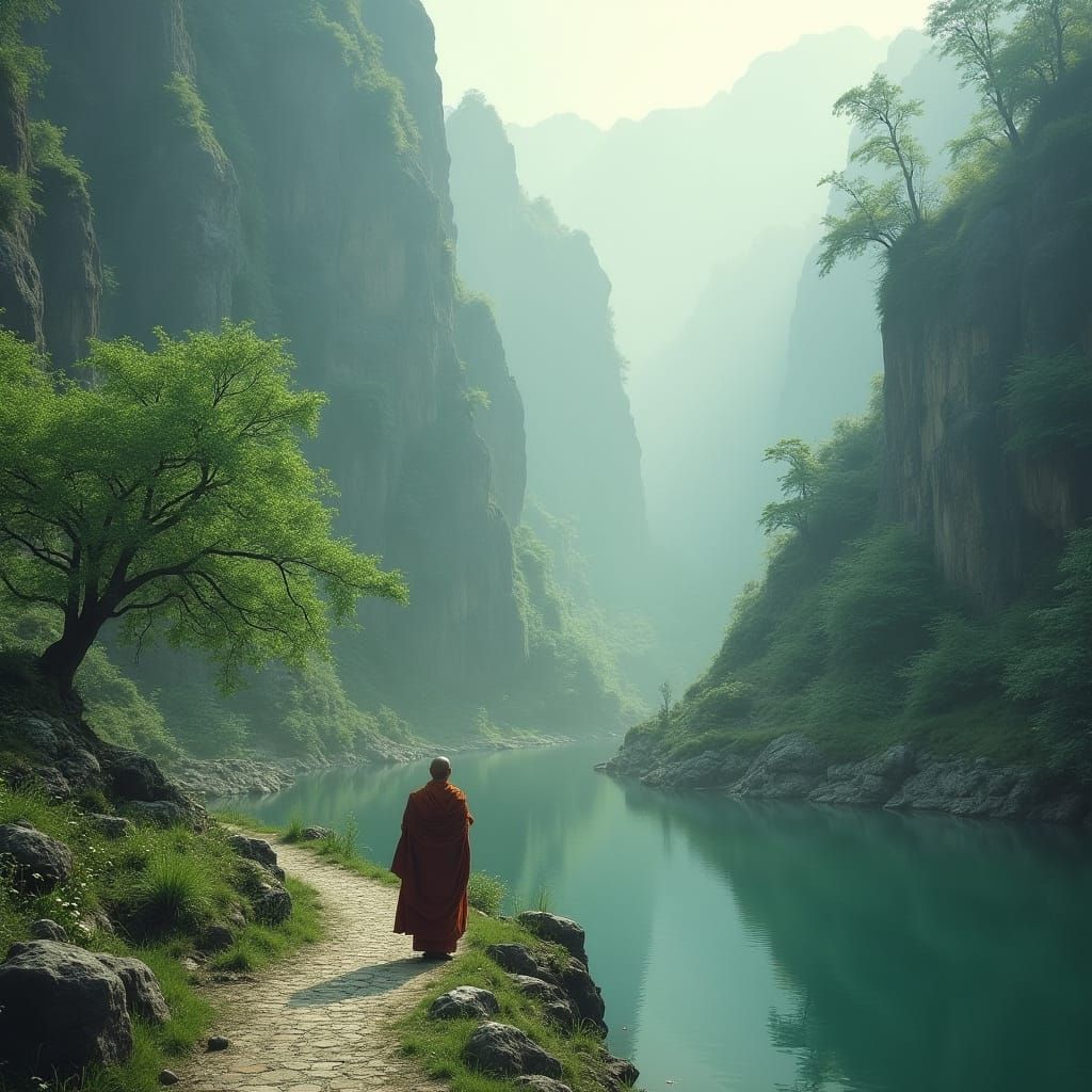 Tibetan Monk Walking by Pond in Dreamy Landscape