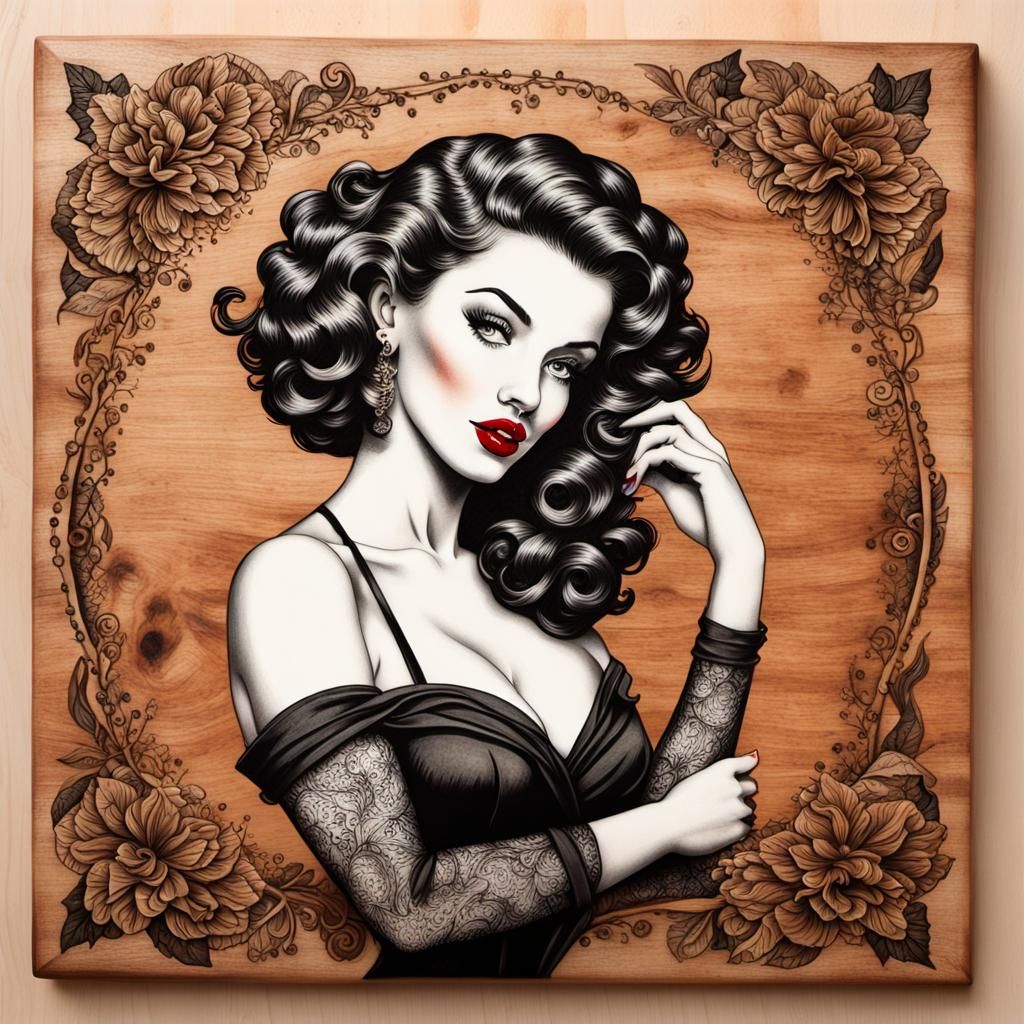 Vintage Pin-Up Girl Wood-Burned Artwork