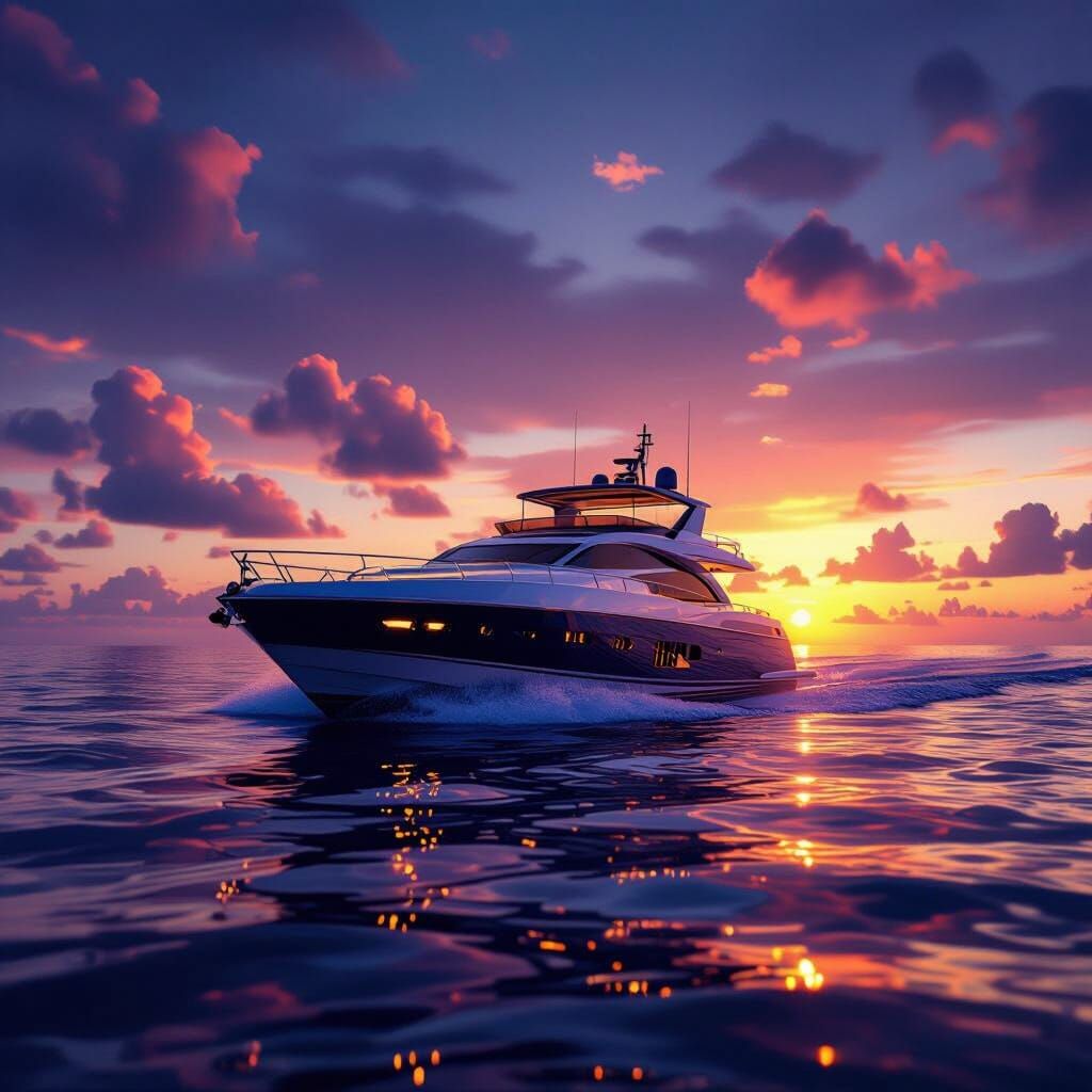 Luxurious Yacht at Vibrant Sunset Over Calm Ocean