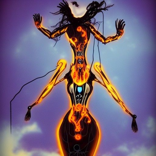 Biomechanical Woman Ablaze in Retrofuturistic Witch Burning