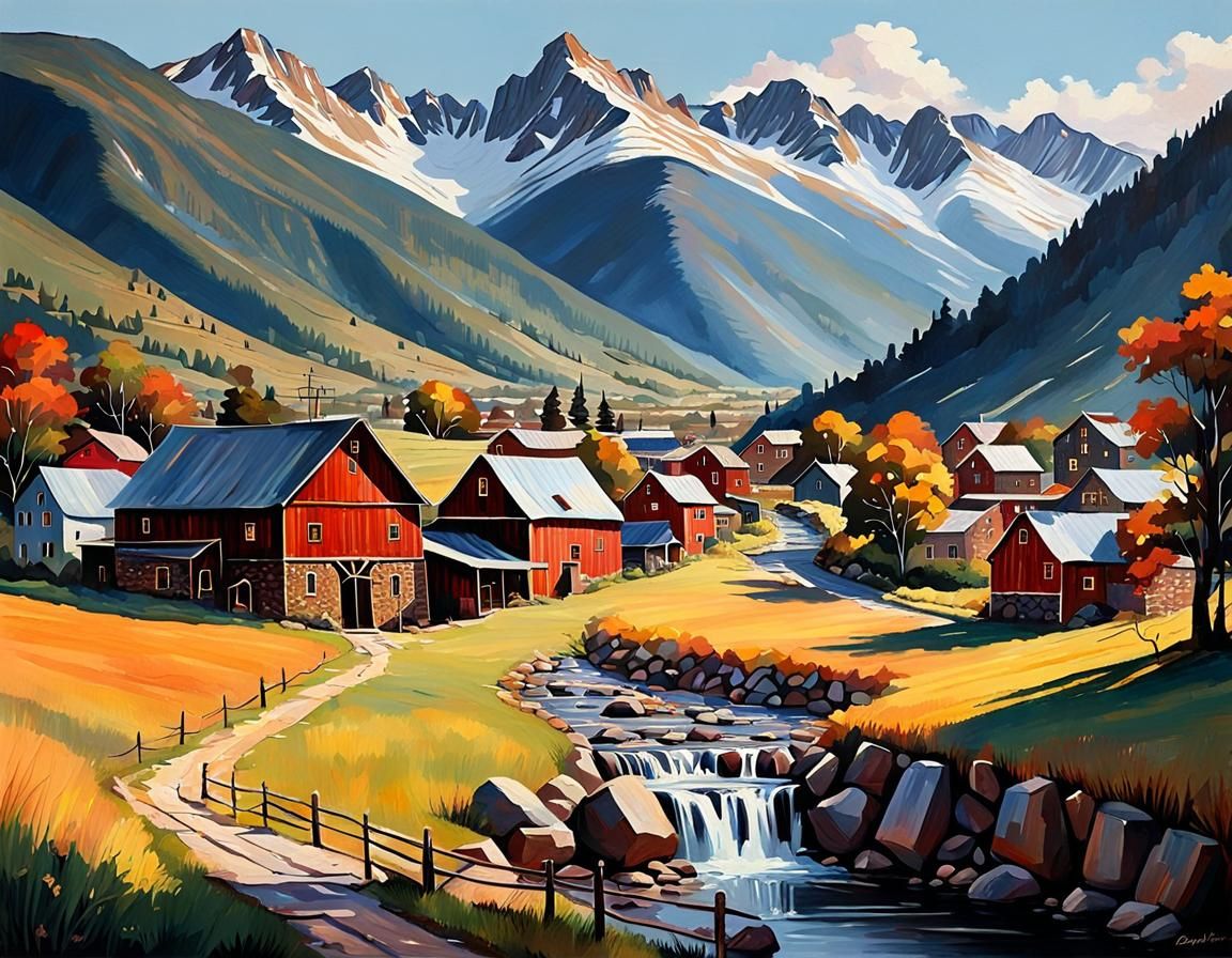 Mill Town in Mountain Foothills, Painterly Style