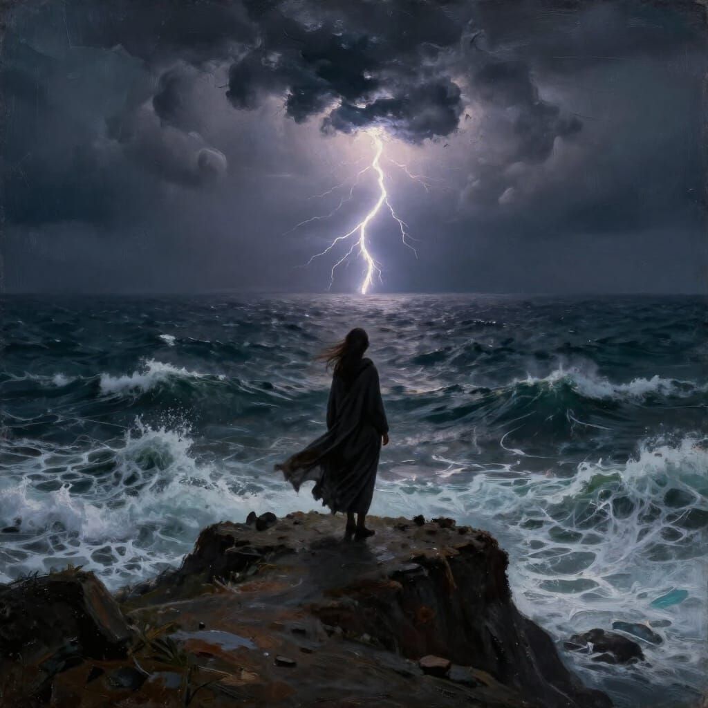 Woman on Windswept Cliff in Stormy Oil Painting Style