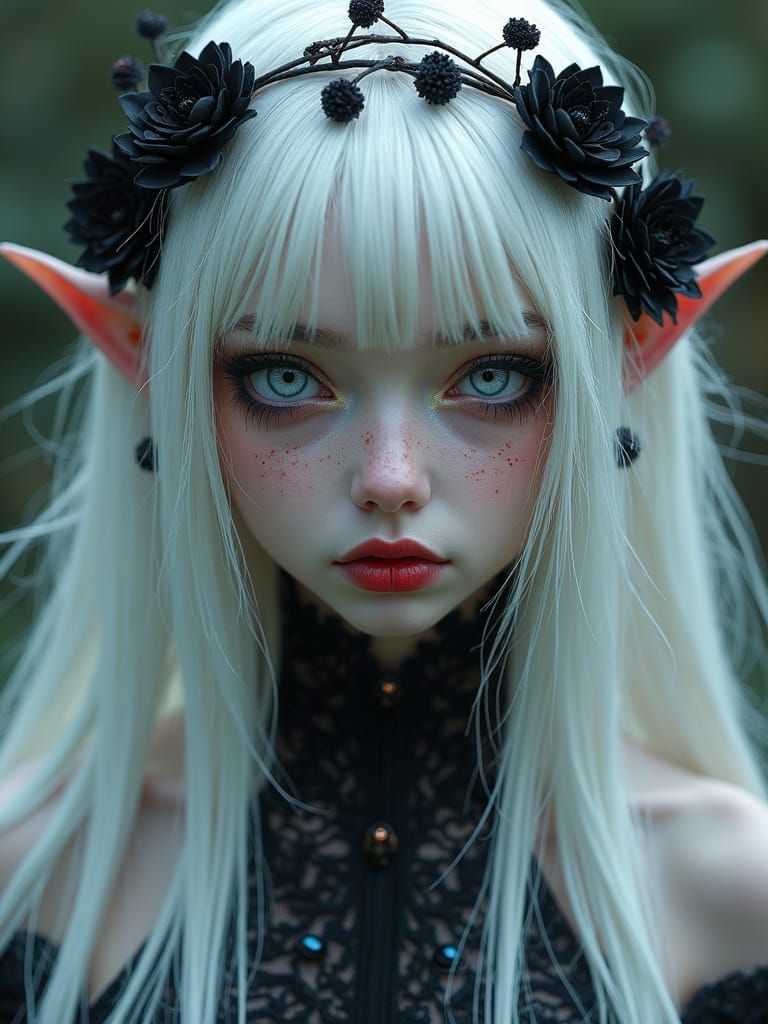 Ethereal Gothic Elf with Dead Black Flowers in Hair