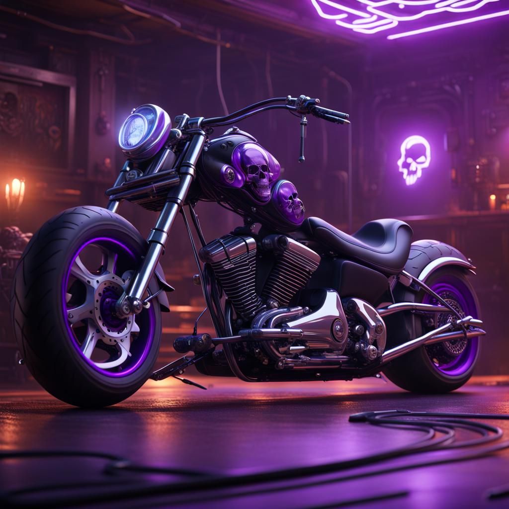 Chopper Motorcycle with Neon Lightning in Clubhouse