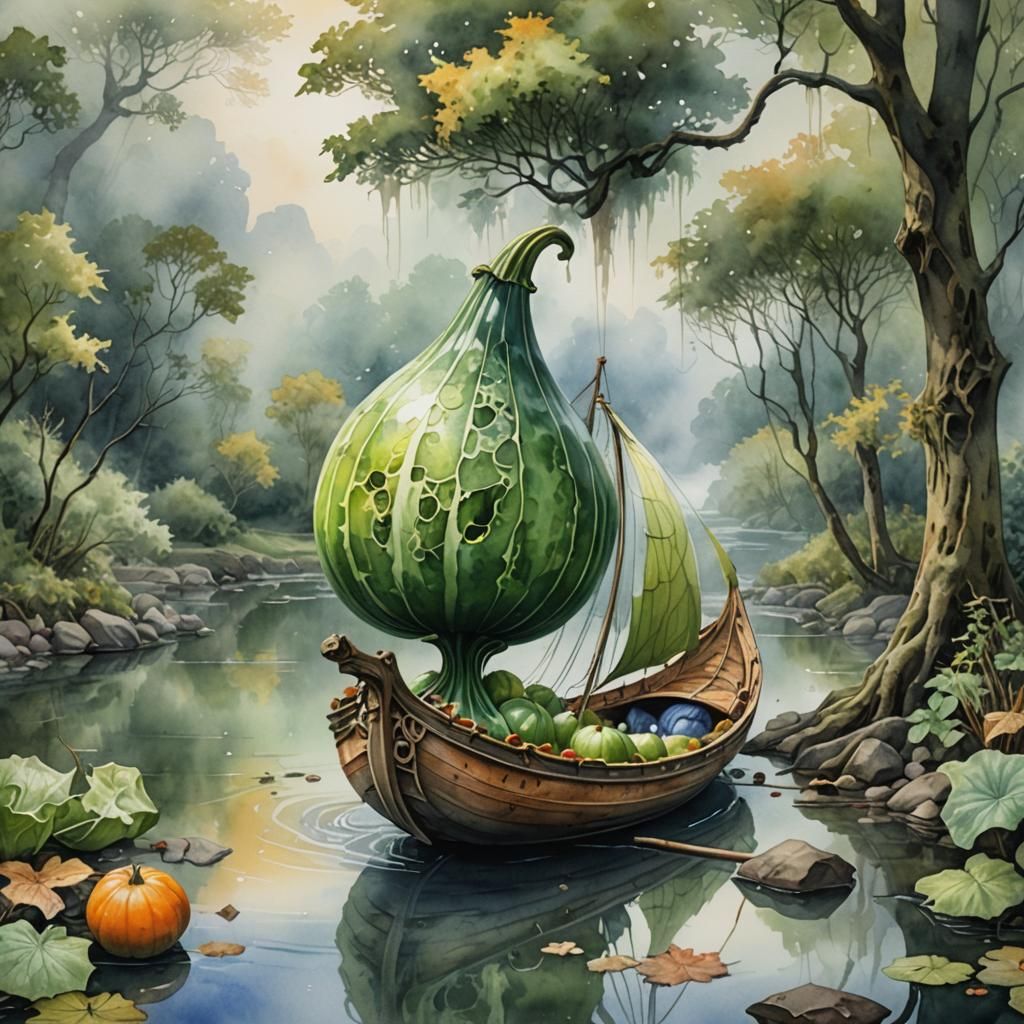 Ethereal Gourd Sailboat in Watercolor Fantasy