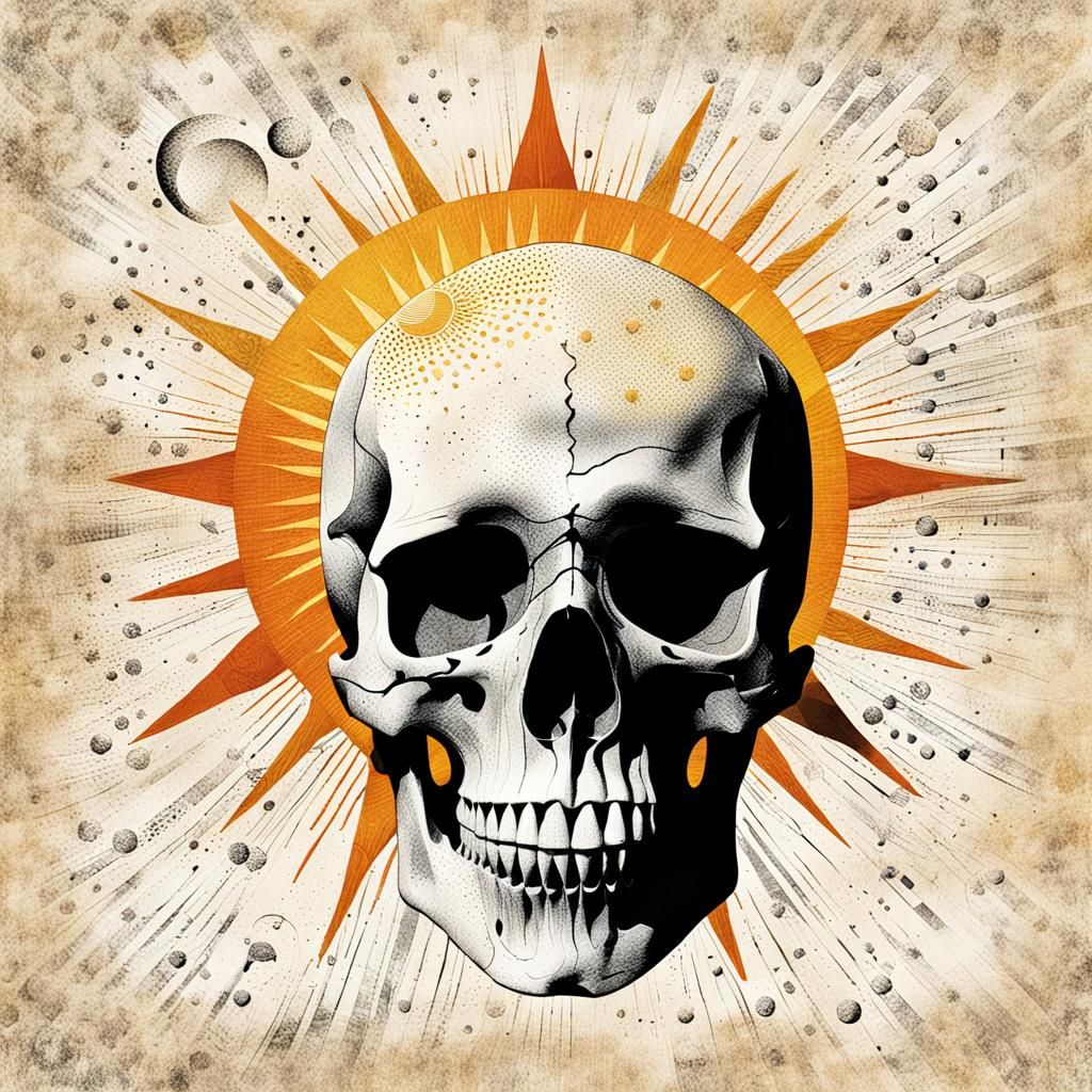 Surreal Skull with Sun Profile in Mixed Media Collage