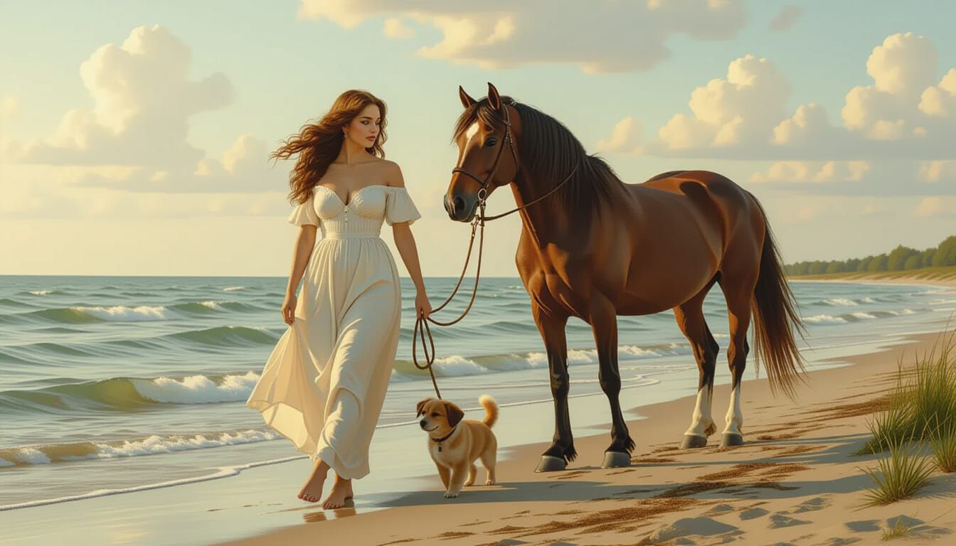Woman, Horse, and Dog on Shoreline in Realistic Style