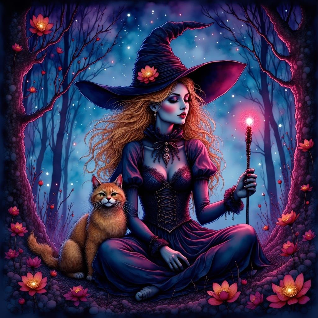 Mystical Witch in Forest with Cat, Dark Fantasy