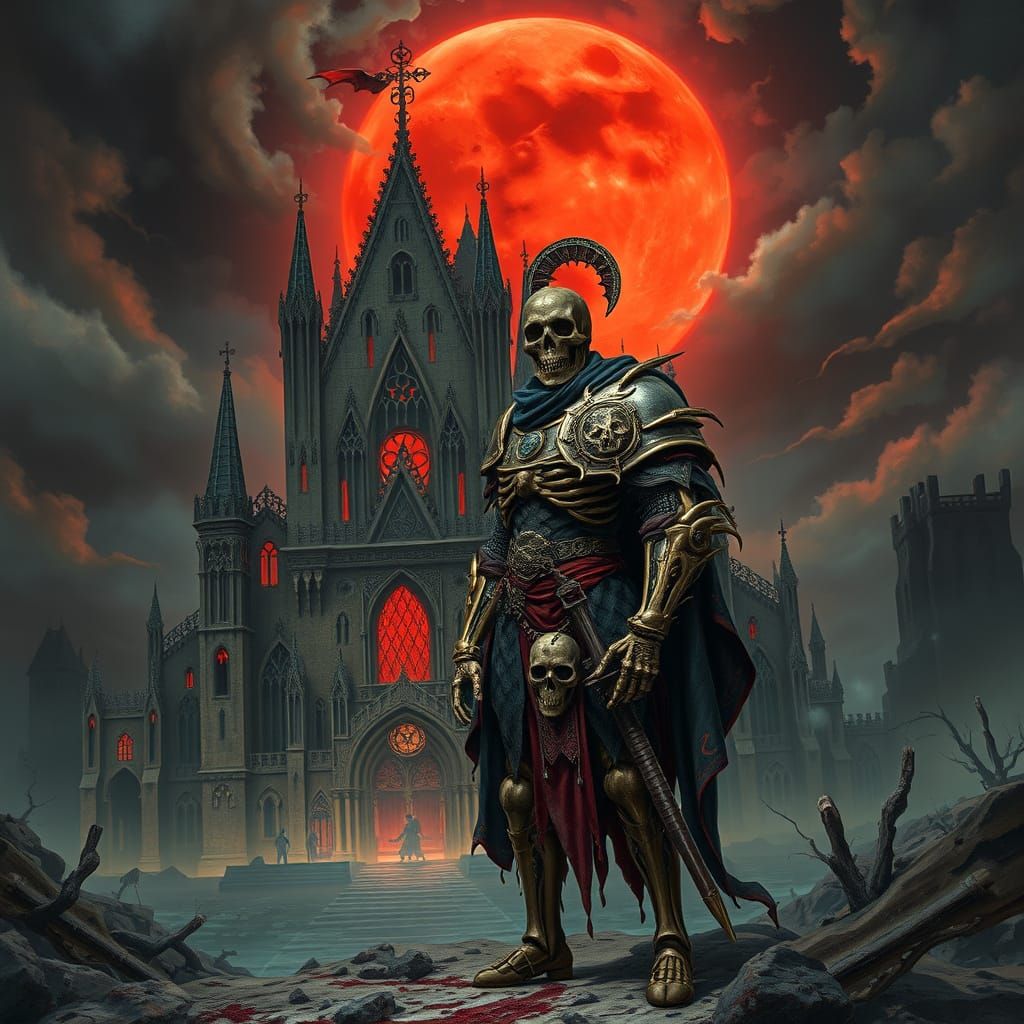 Gothic Bone Cathedral Under Blood-Red Moon in Dark Fantasy S...