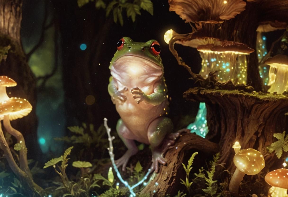 Fantasy Amphibian Gazing at Iridescent Portal