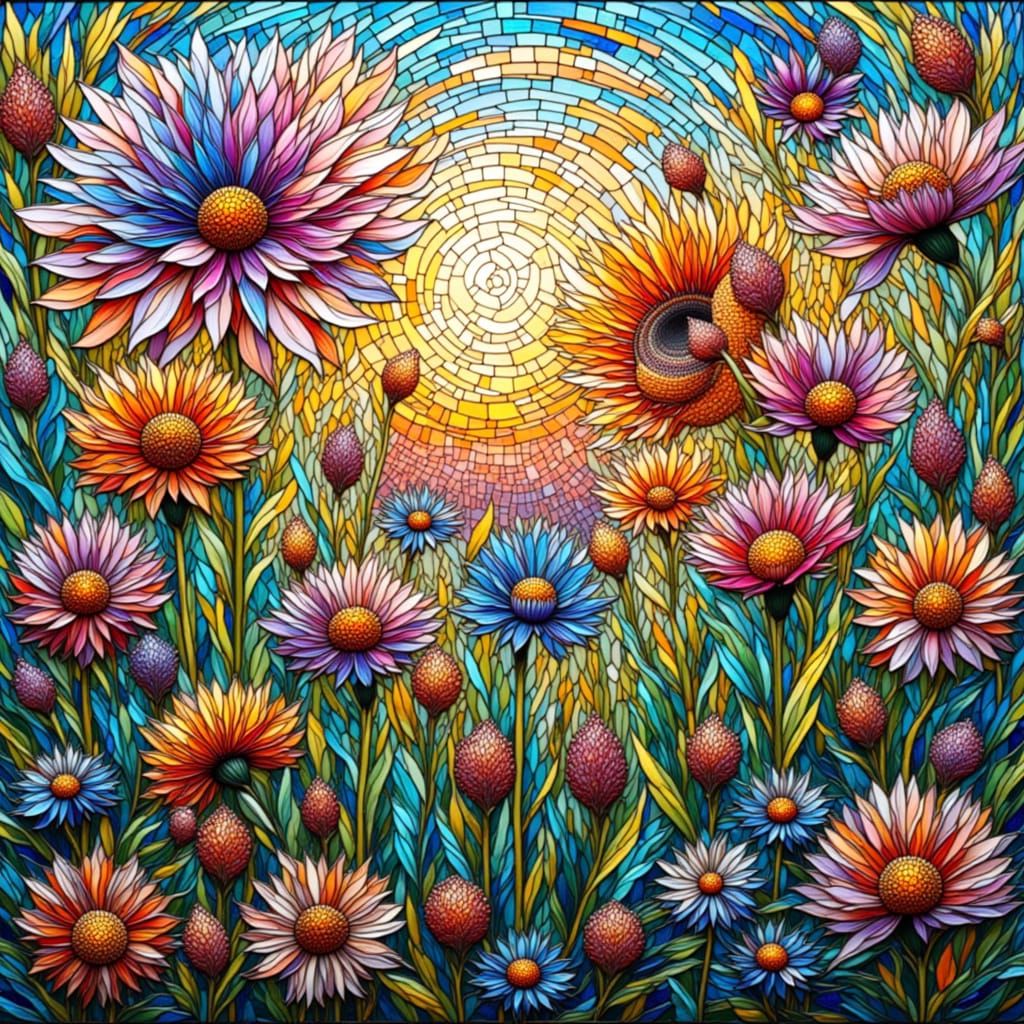 Whimsical Stained Glass Mosaic Garden in Pastel Colors