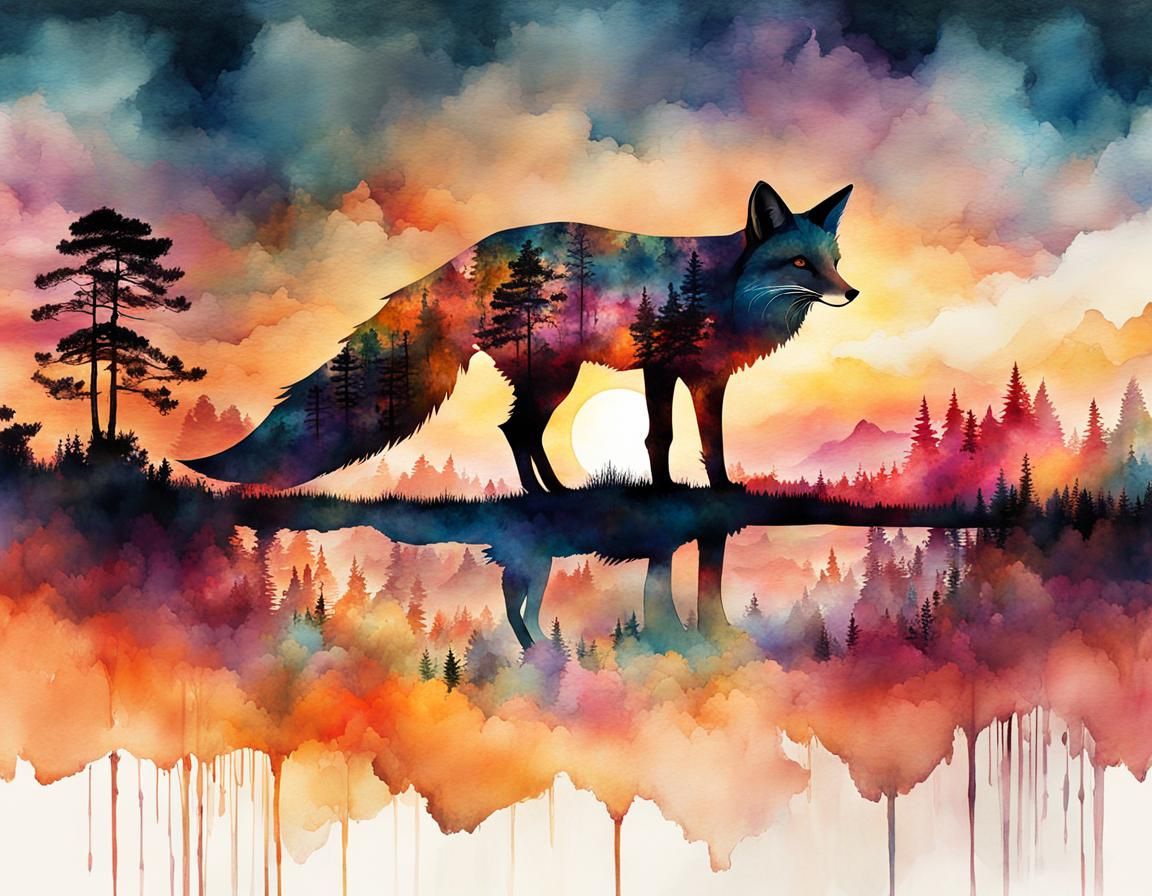 Fox Silhouette Summerscape in Digital Watercolor