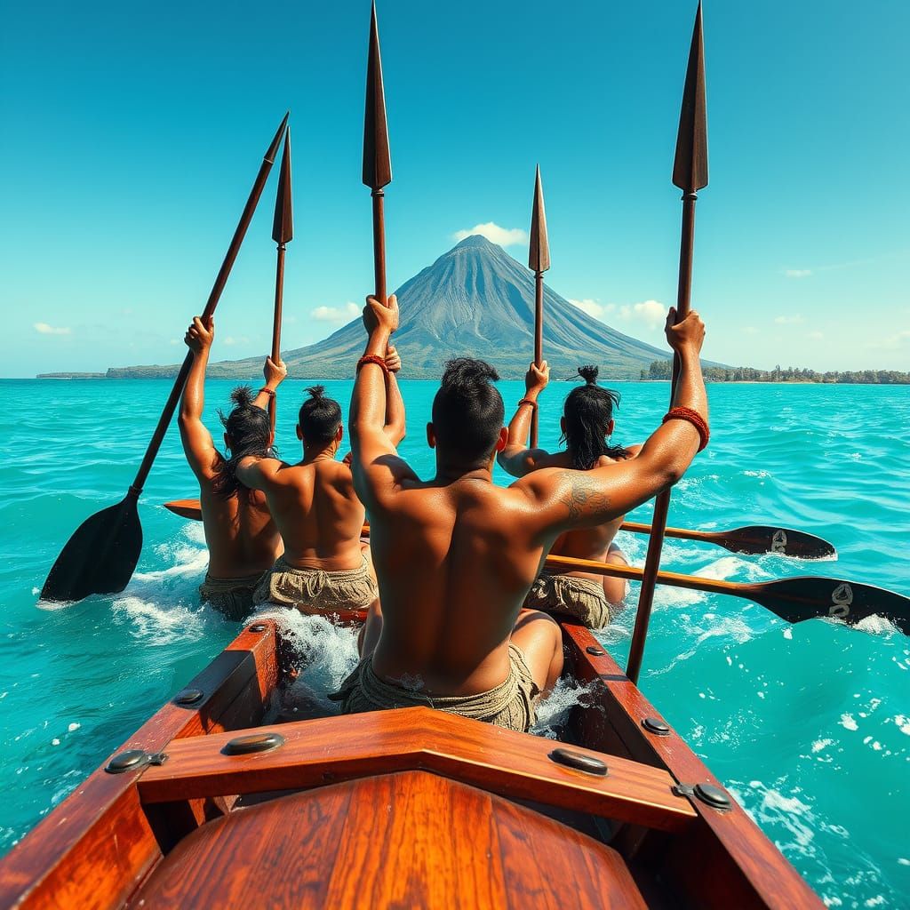 Polynesian Warriors in Canoe Battle