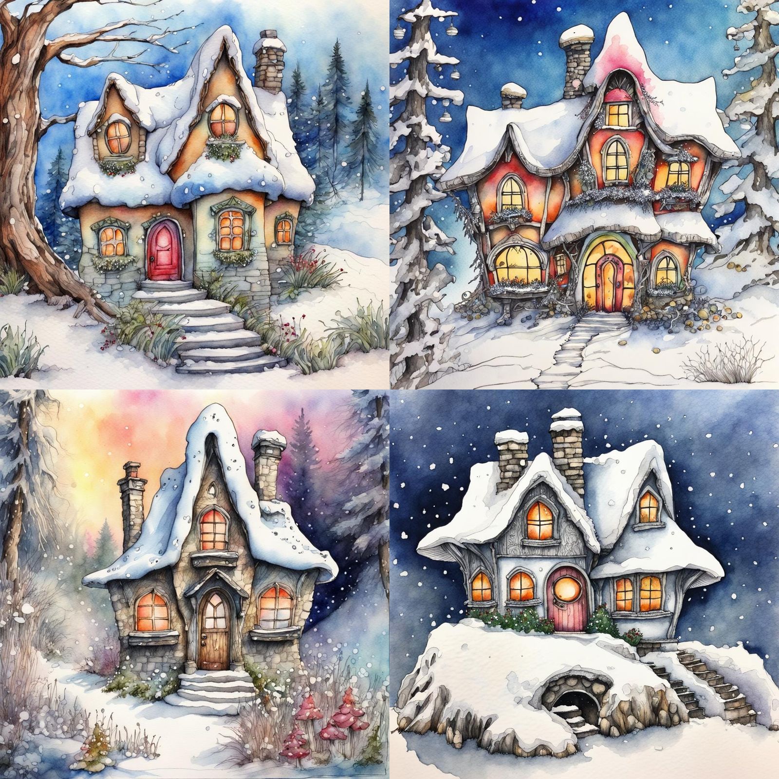 Snow, fairy fantasy house, fairy garden background, Hyperrealistic, pen and ink, bright watercolor