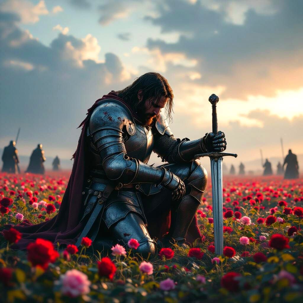 Knight Reflects in Rose Field, Dark Fantasy Style