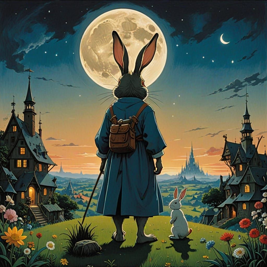 Surreal Rabbit Landscape: Bosch and Ghibli Fusion