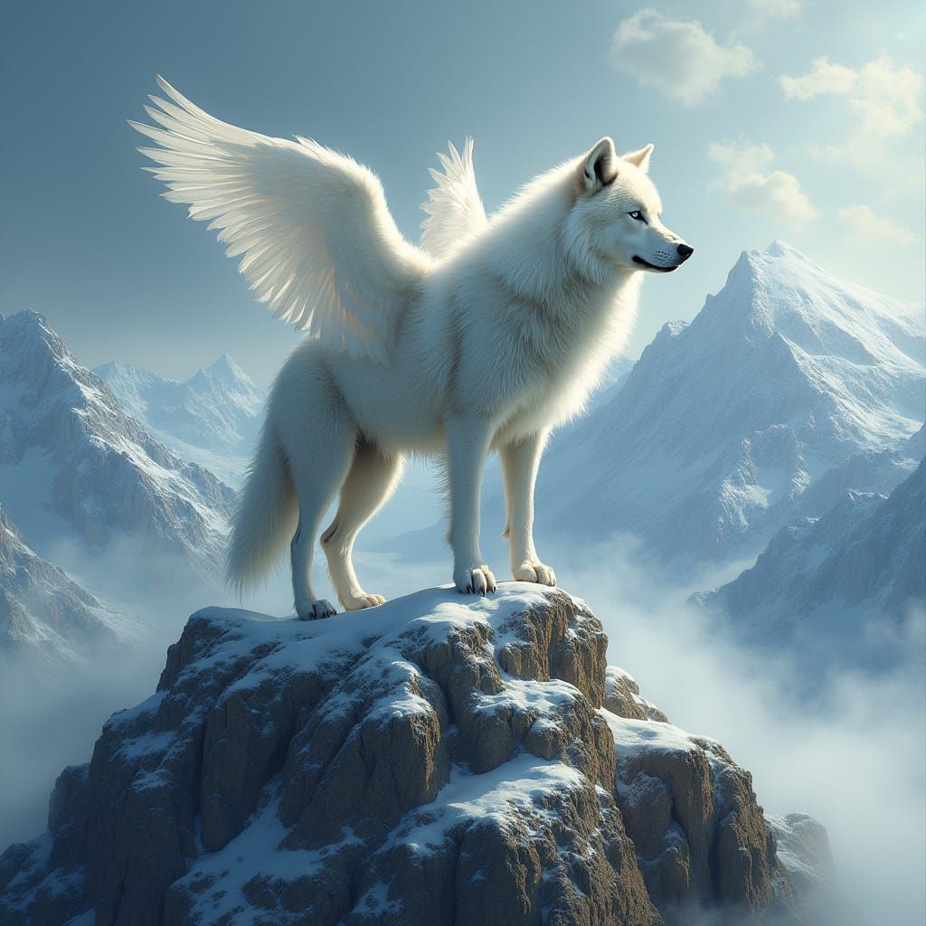 Wolf with Angel Wings on Mountain Peak