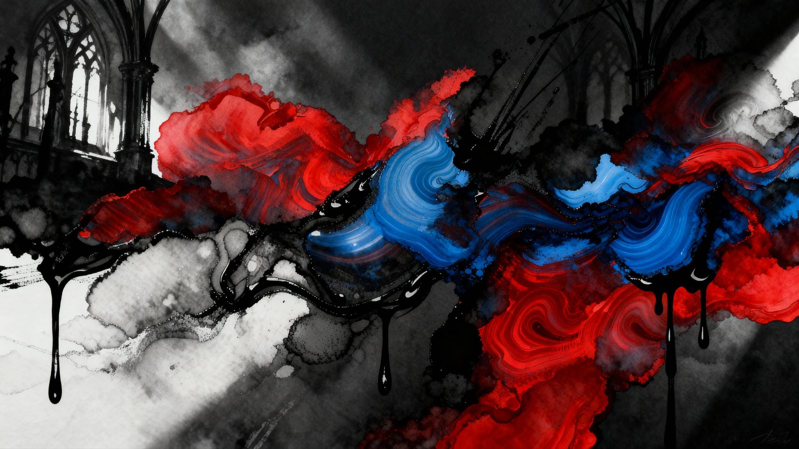 Gothic Alcohol Ink Art with Red, Blue, and Black Drips