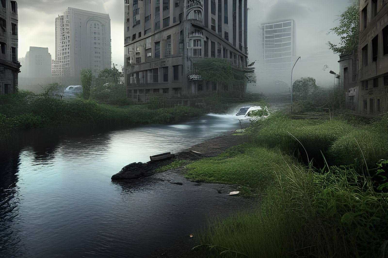 Hyperrealistic Overgrown City with Reflective River