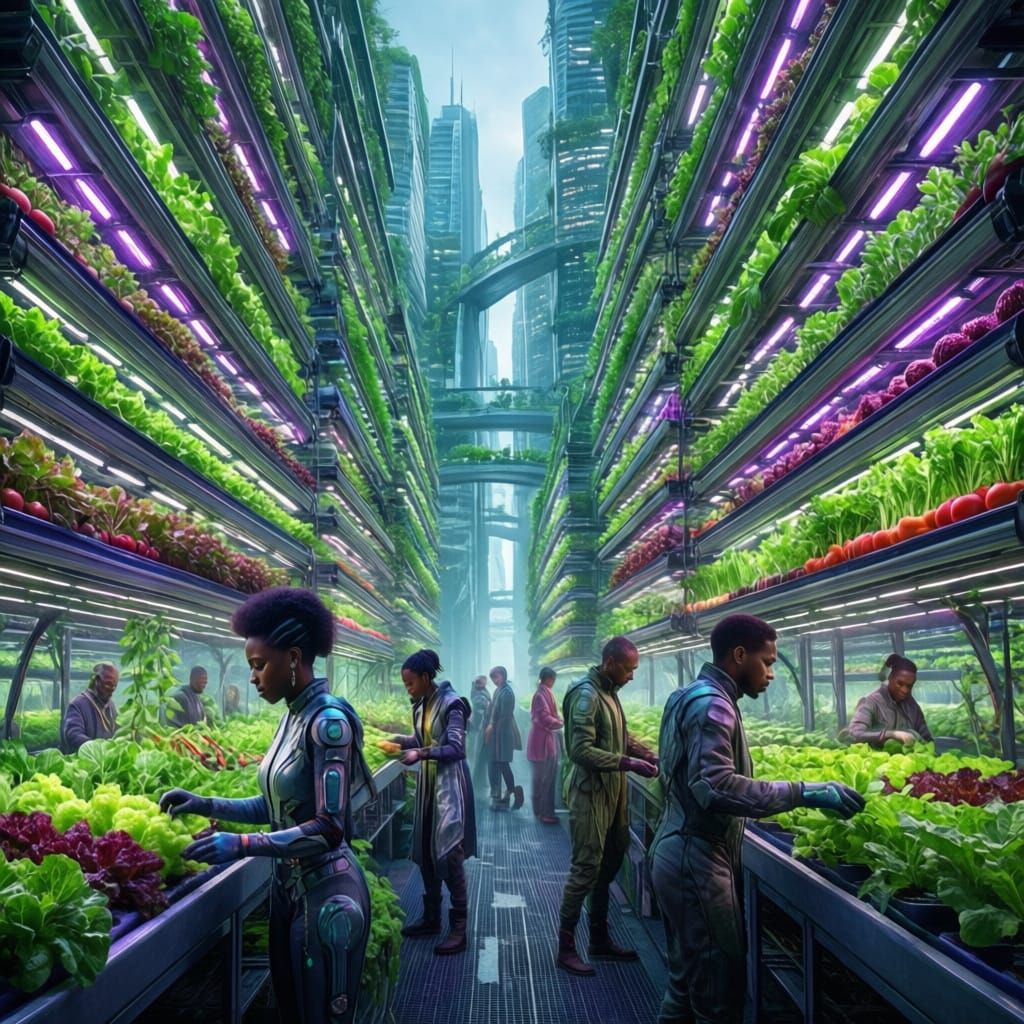 Afrofuturist Hydroponic Garden in Bio-Integrated Cityscape