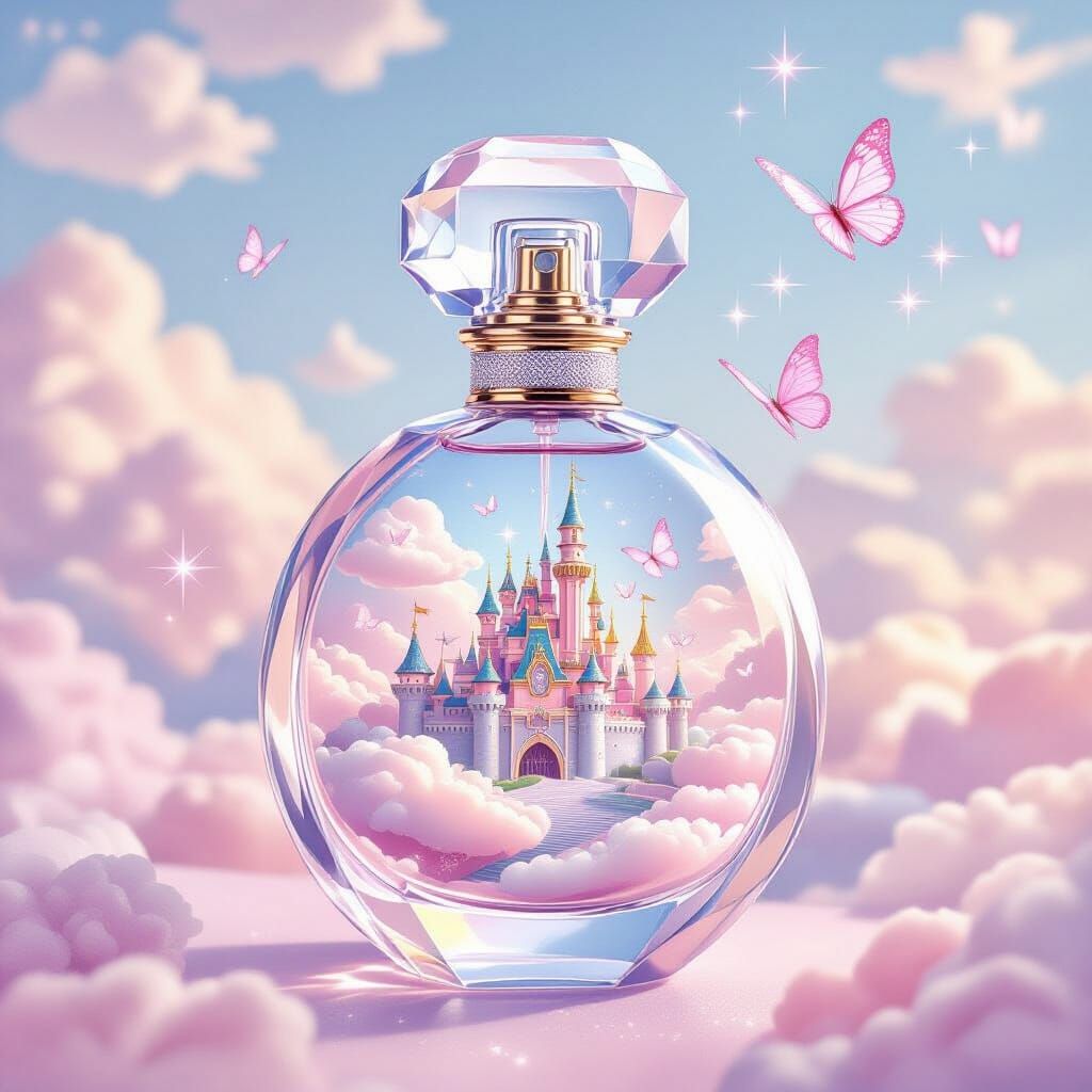 Dream World in Perfume Bottle with Candy Clouds and Castles