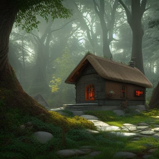 Enchanted Forest Cottage: Detailed Fantasy Concept Art