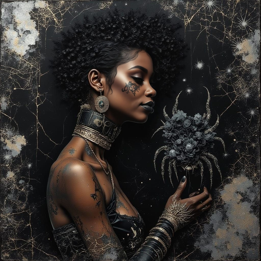 Goth Punk Woman with Silver Droplets in Dark Grunge Style