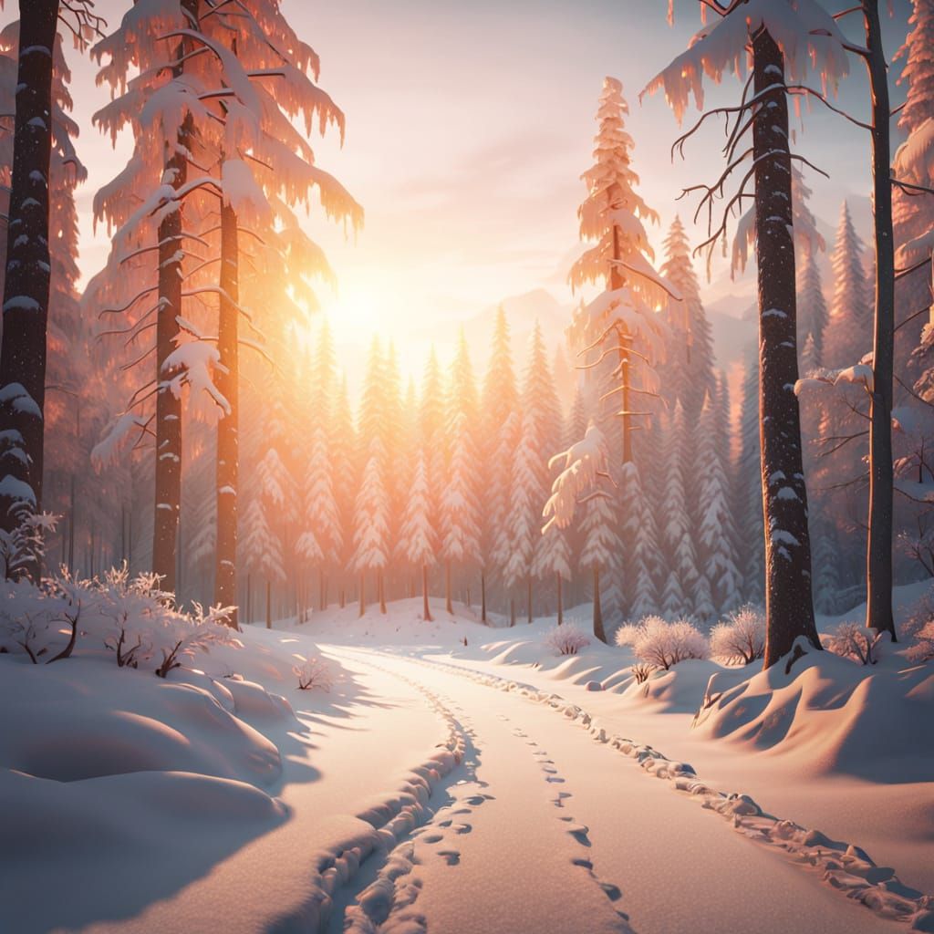 Mystical Snowy Forest Road at Sunset