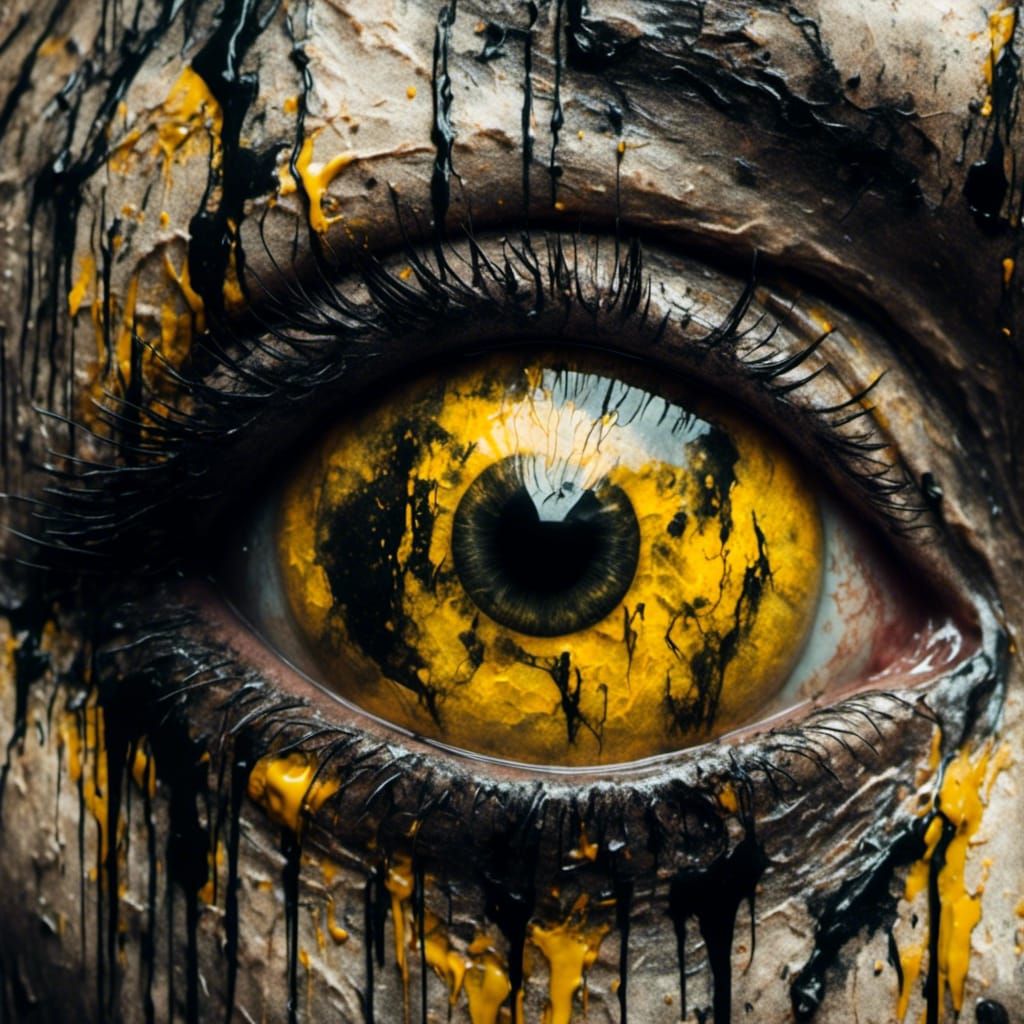 Creepy Fiery Eyeball Leaking Ink in Macabre Art Style