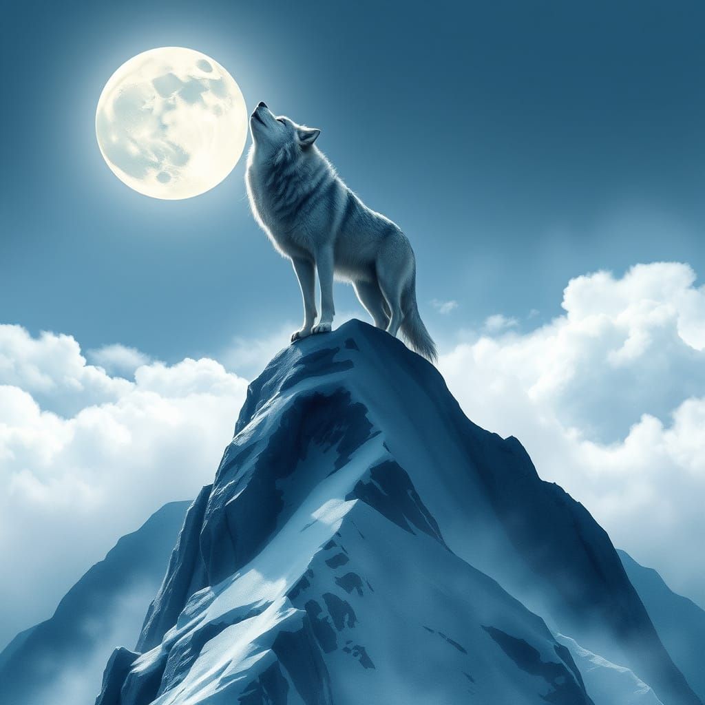 Lone Wolf at Full Moon, Snowy Mountain Peak, Romantic Waterc...