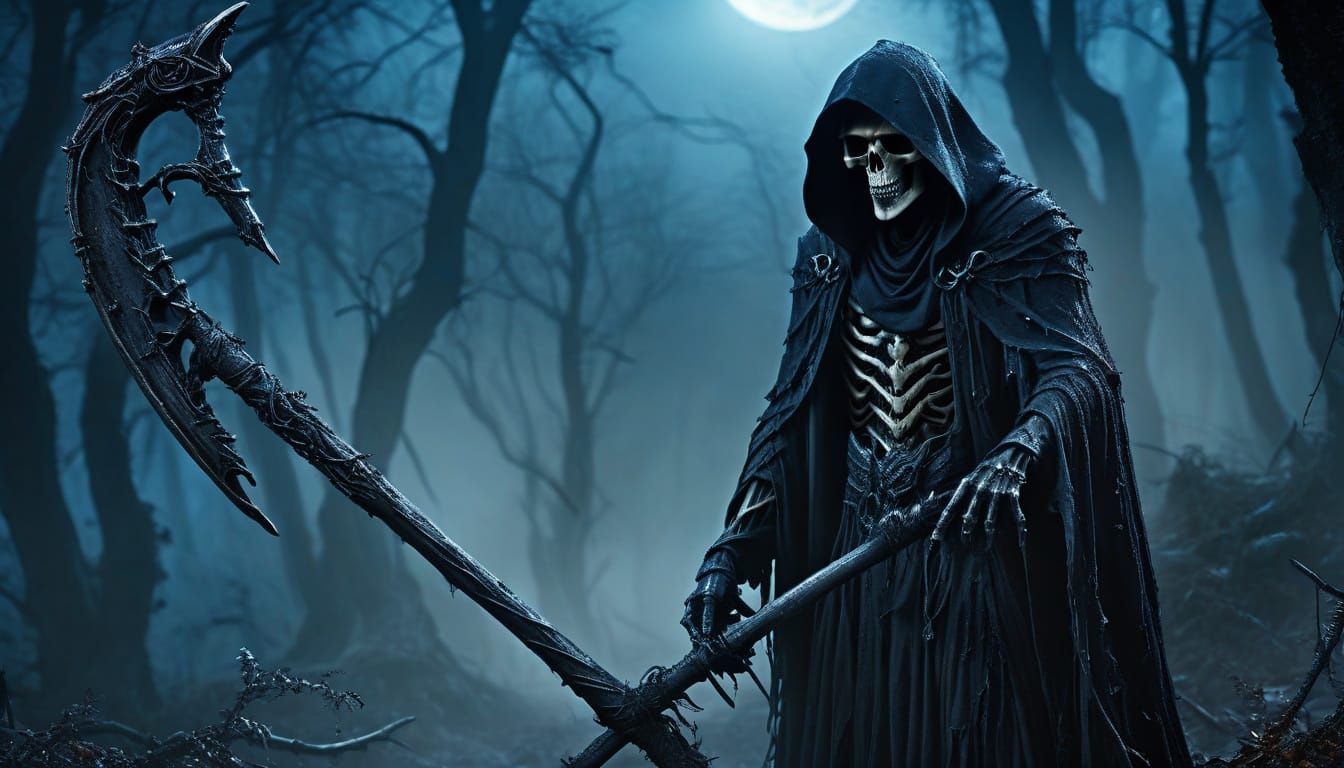 Grim Reaper with Scythe in Dark Fantasy Forest