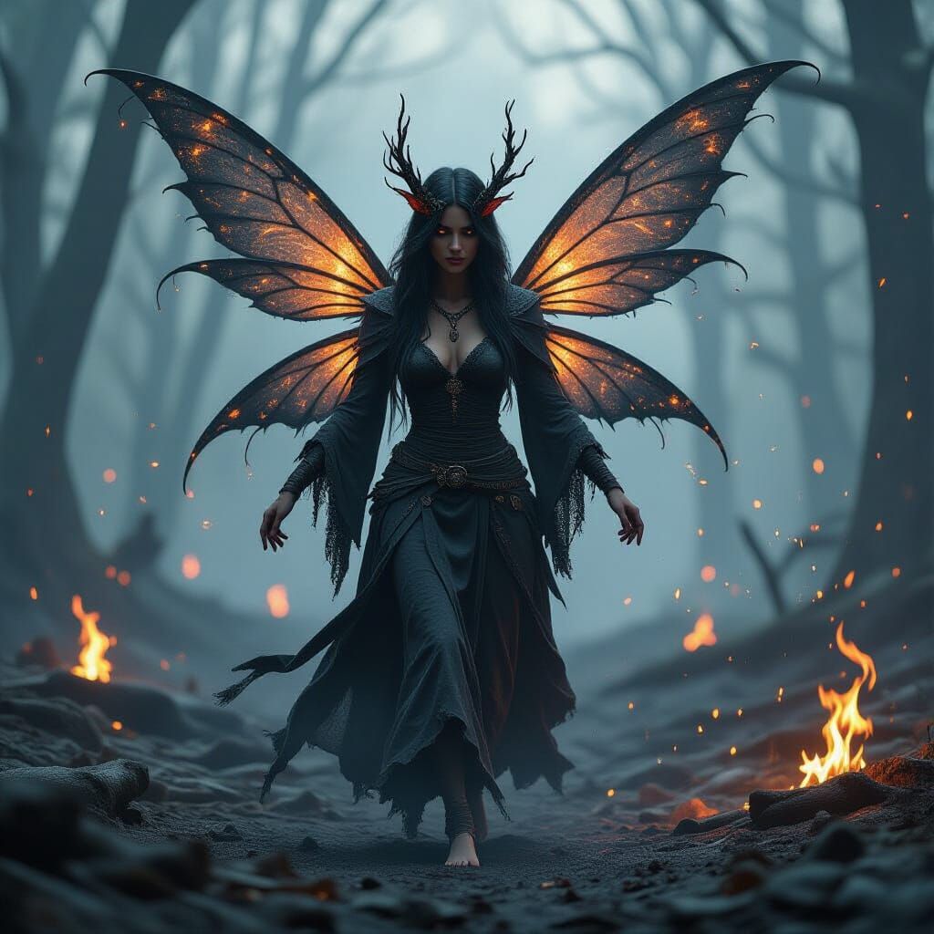 Ember Fairy Dancing in Scorched Forest