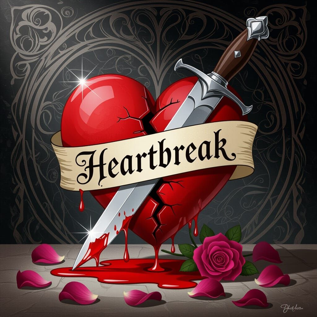 Gothic Art Nouveau Heartbreak Scene with Knife and Petals