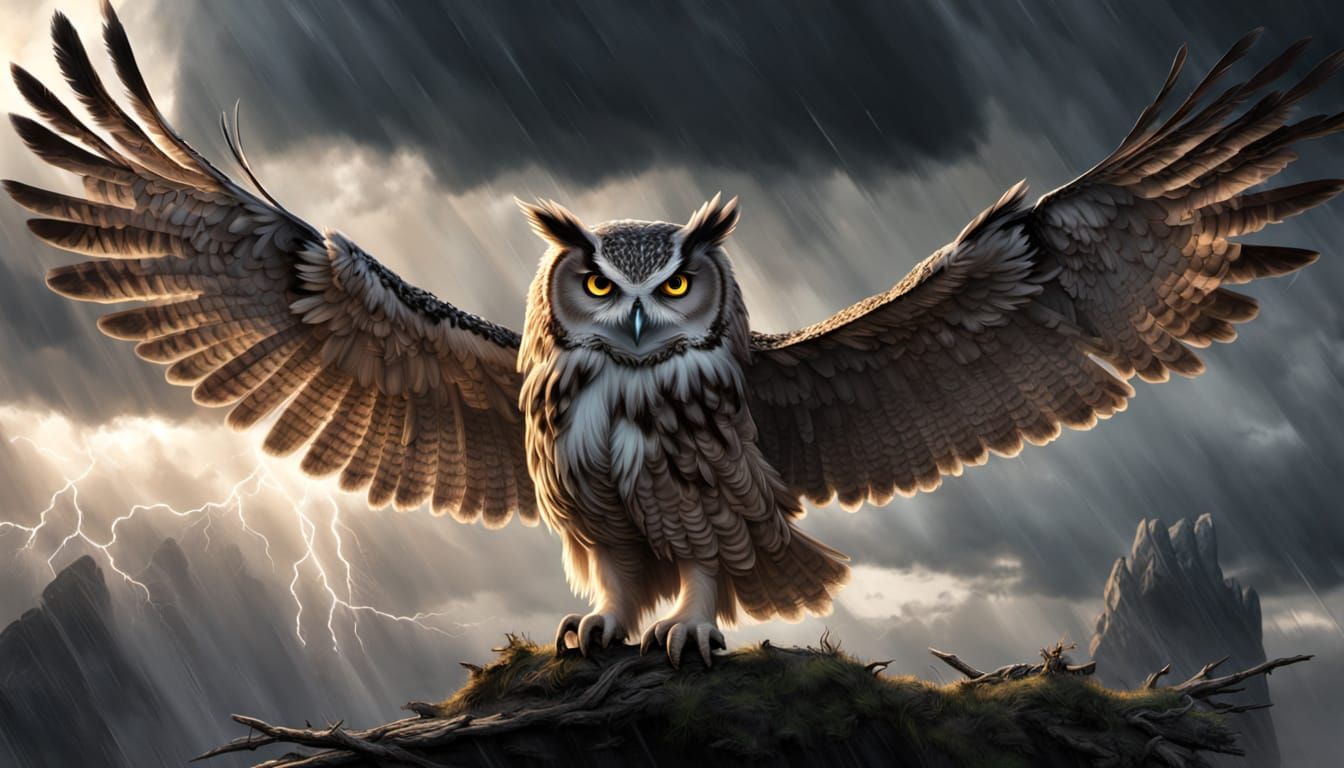 Majestic Owl Protects Animals from Stormy Sky