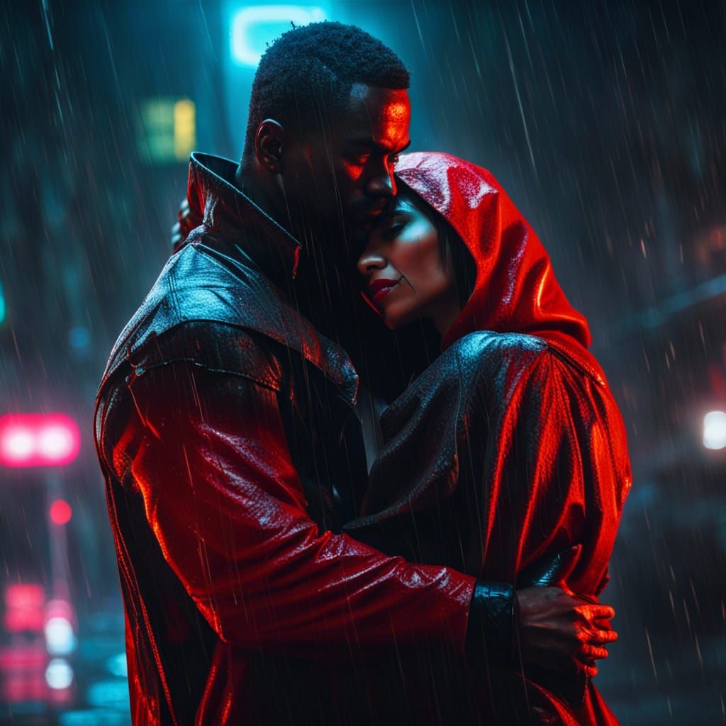Cyberpunk Superhero Embrace in Heavy Rain