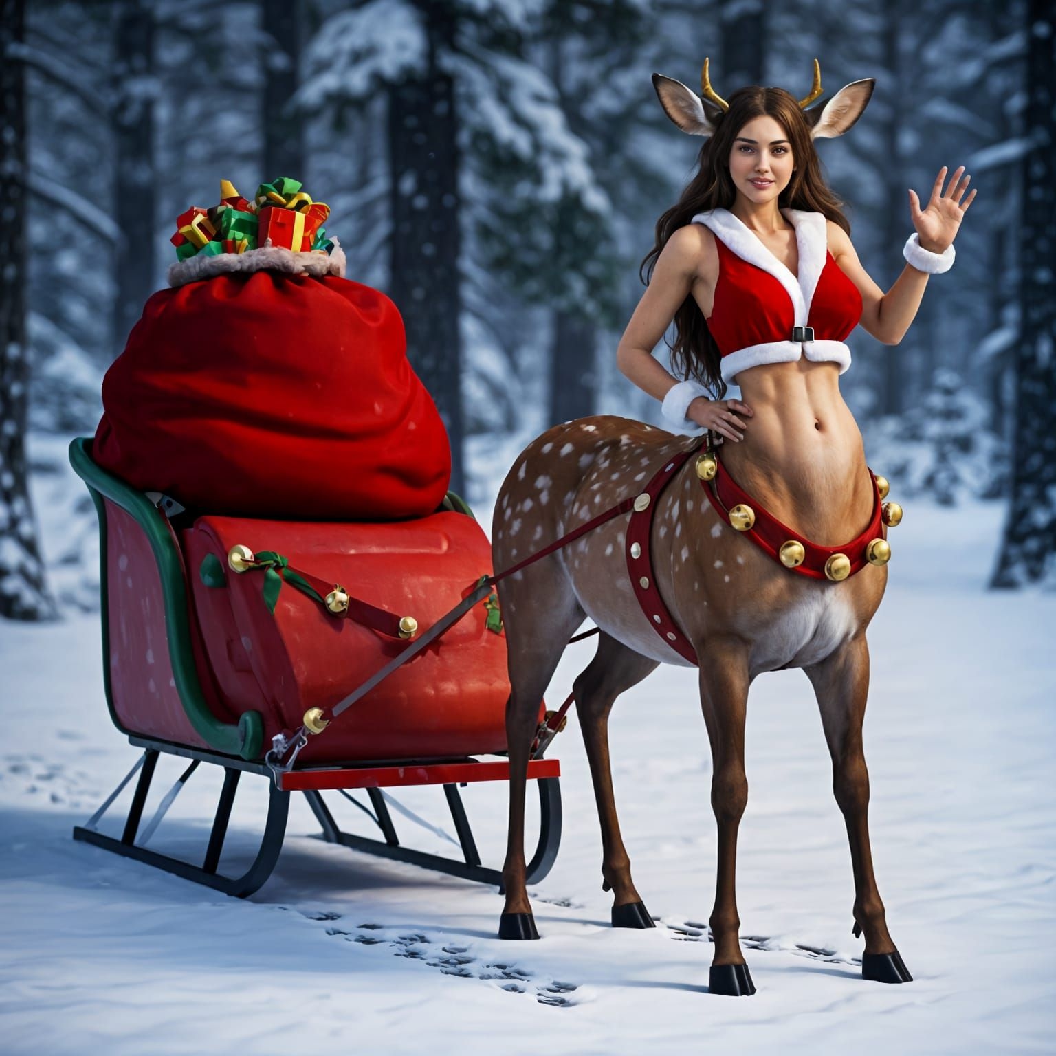 Sledding Christmas Centaur in Hyperrealist Winter Wonderland