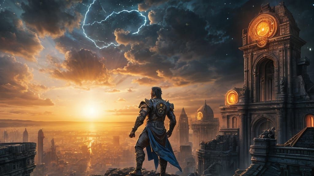 Celestial Hero Overlooks Radiant City: Digital Painting