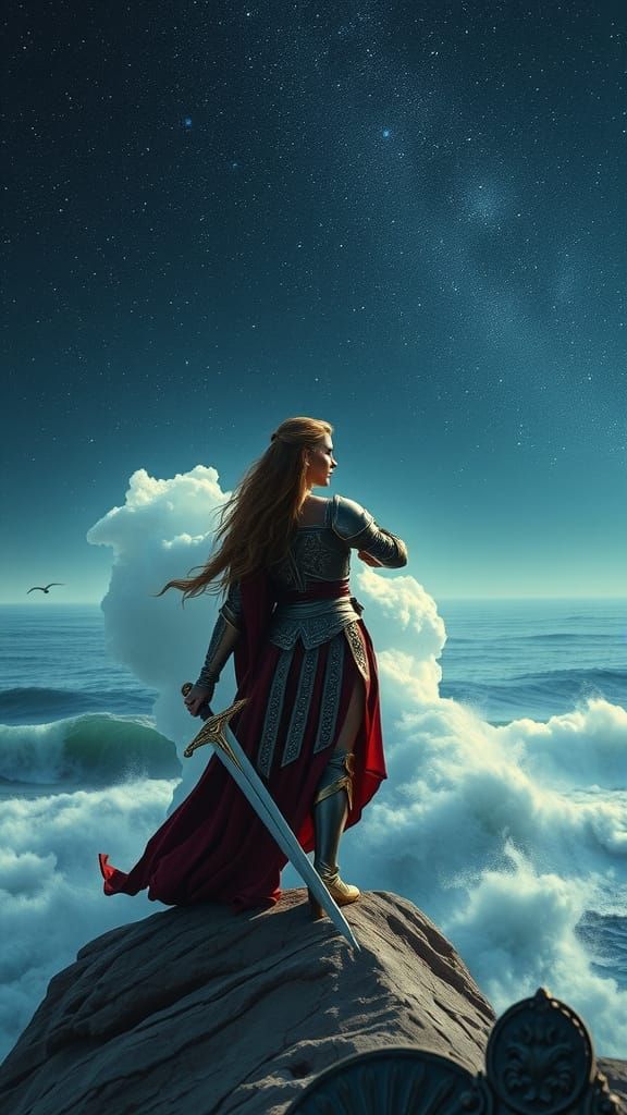 Epic Warrior Princess Gazing at Starlit Sky