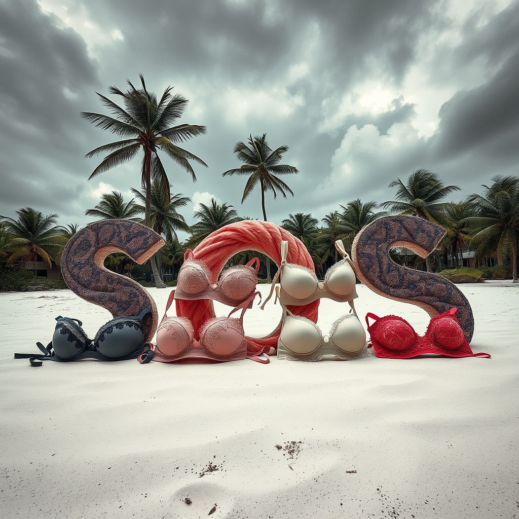 SOS Message in Bras on Dramatic Island Landscape