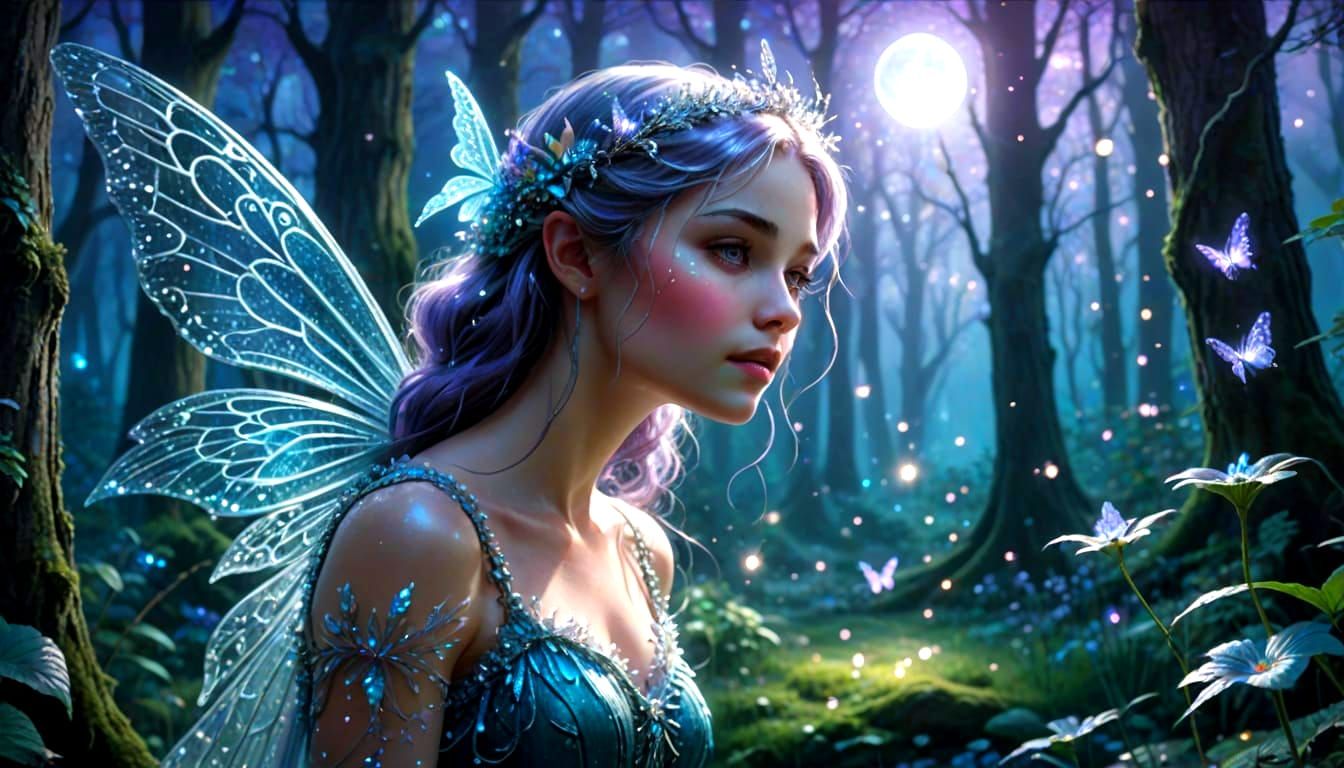 Silver Fairy in Moonlit Forest, Ethereal Fantasy