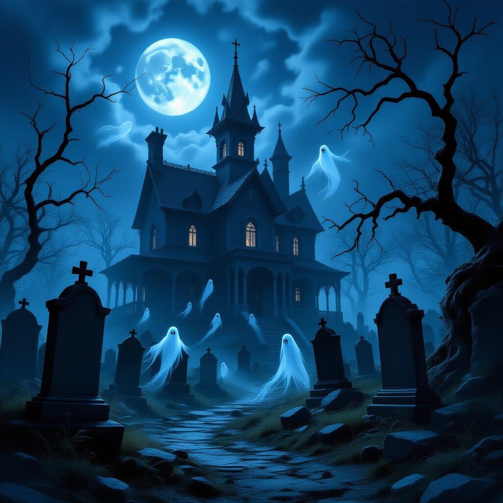 Gothic Haunted House in Desolate Cemetery