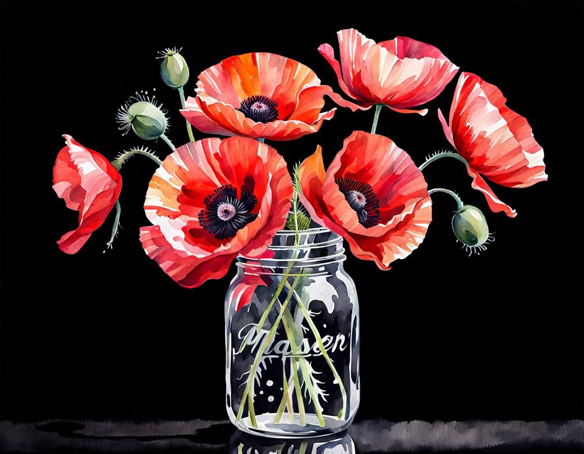 Poppy Stems in Mason Jar: Watercolor Splash Art