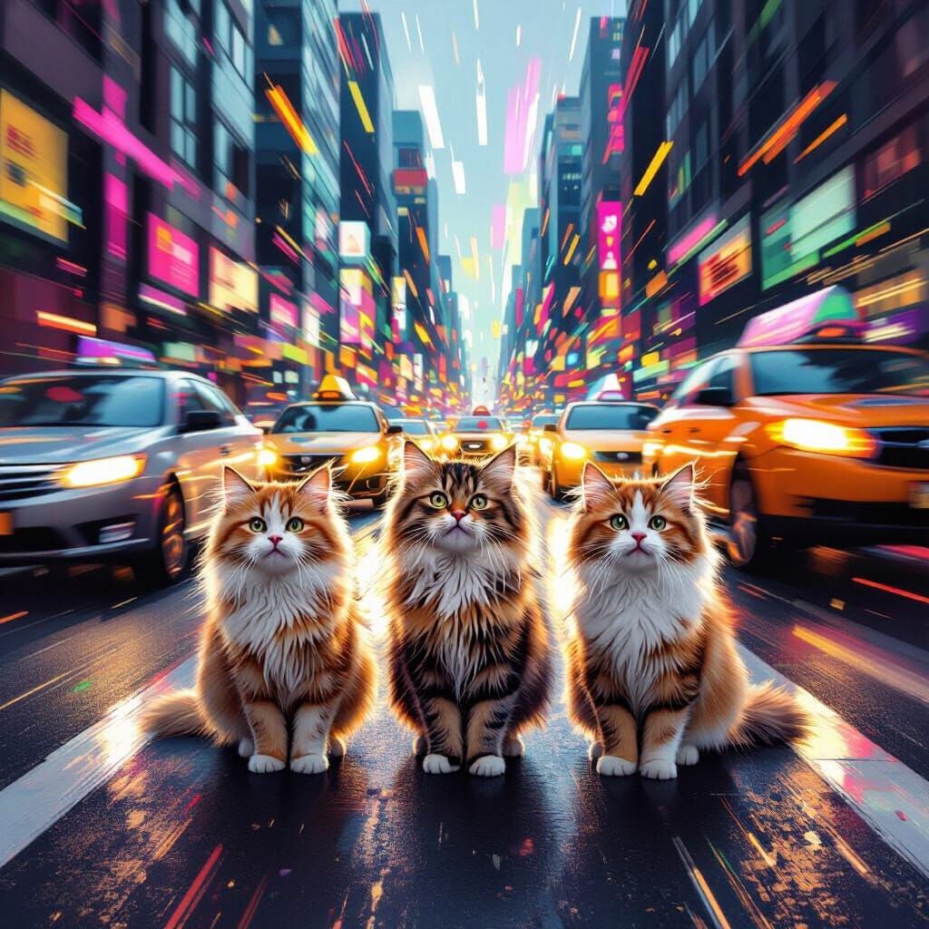 Startled Cats on Busy Road in Vivid Digital Painting
