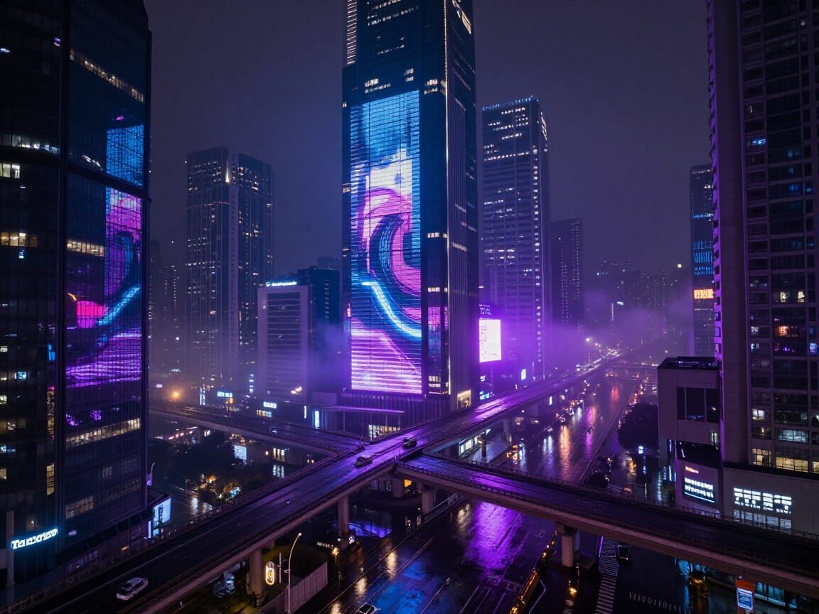 Cyberpunk Cityscape at Night with Neon Lights