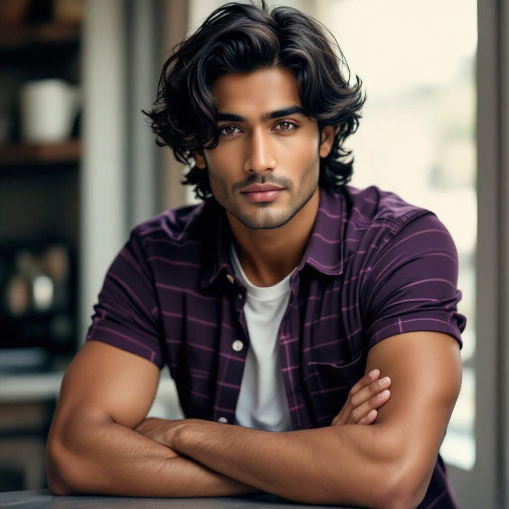 Handsome Indian Man Leaning Casually Against Counter