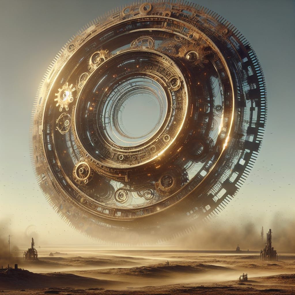 Steampunk Gears Hover Over a Dystopian Landscape in Polished...