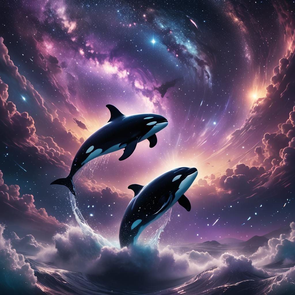 Orca Whale Swimming Through Starry Nebula in 3D
